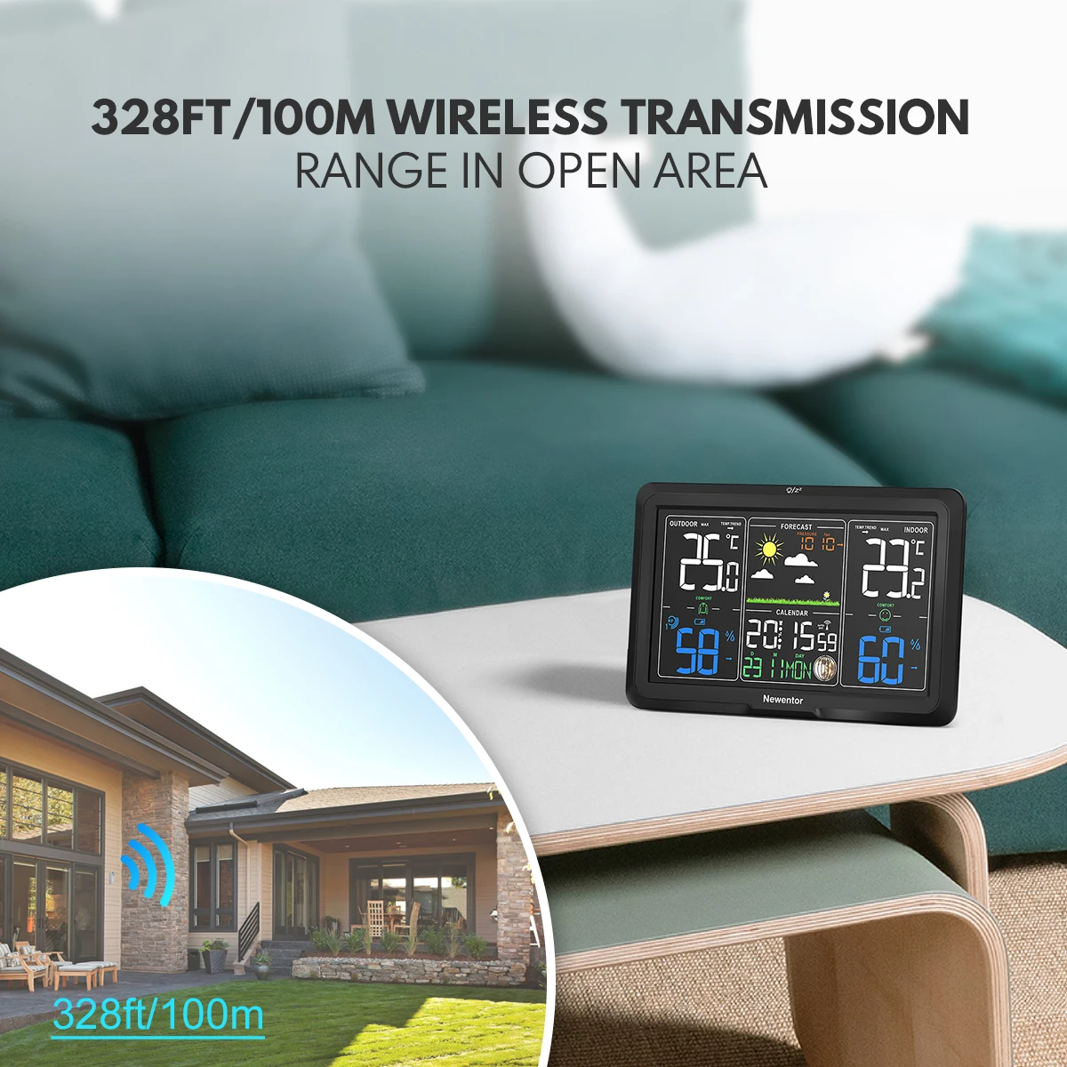 Newentor 기상 관측소 무선 알람 시계, 조절식 백라이트 원격 실내 실외 온도계, 습도 압력 센서