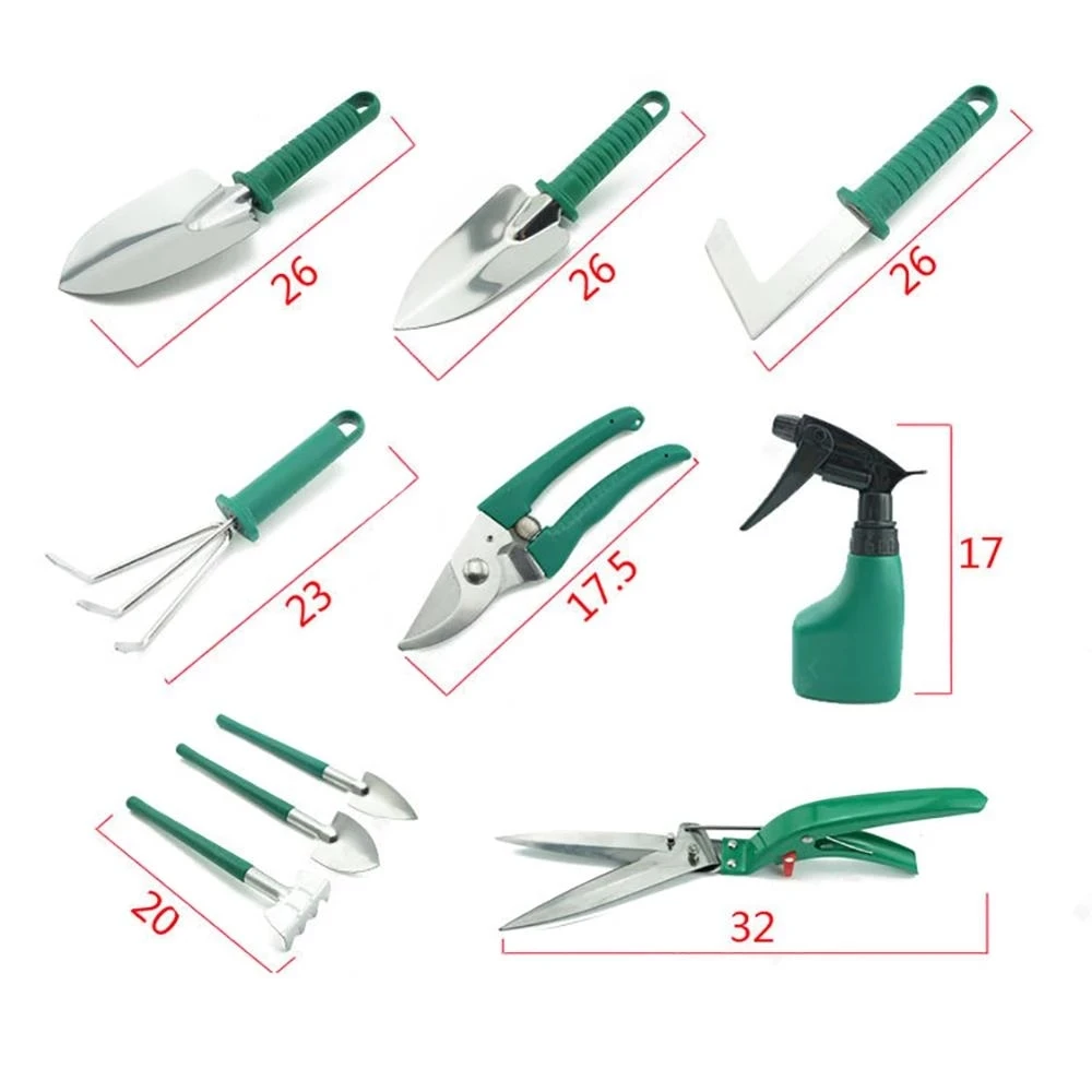 10 Pcs Garden Tools Set Stainless Steel Manual Control Tools with Carrying Case Shovel Rake Scissors Watering Hand