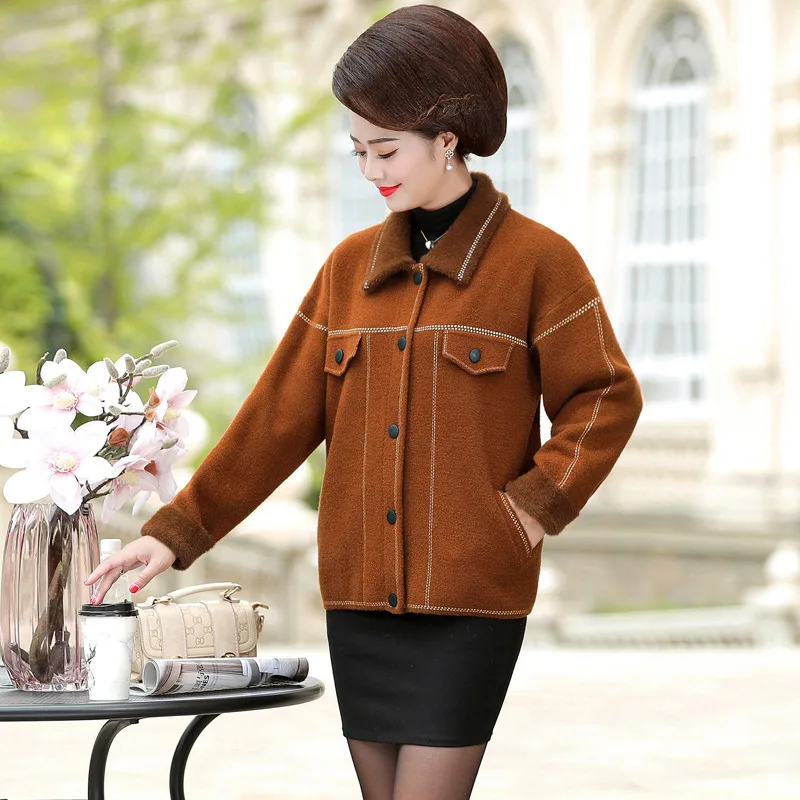 

Mom Mink Cashmere Coat Autumn And Winter Short Tops Loose-Fit 2019 New Style Middle-aged WOMEN'S Dress-Style Solid Color Flower
