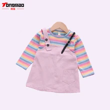 Платье для малышей весенне-осеннее Новое хлопковое Радужное мини-платье принцессы на бретелях с круглым вырезом и длинными рукавами Для Девочек Милая одежда с имитацией двух предметов