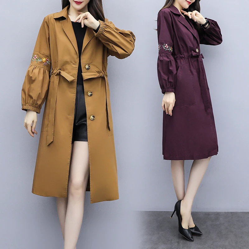 

Fashion Harajuku Trench-coat for Women Autumn Long-sleeved Casual Solid Long-coat Brown & Burgundy Streetwear Loose Windbreaker