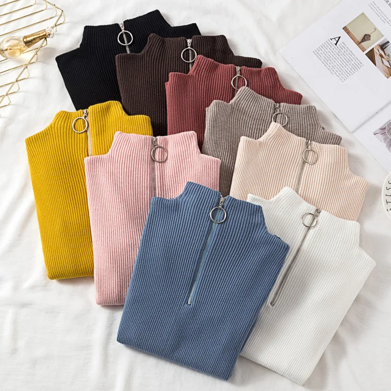 

Elegant Spring Autumn Women Long Sleeve Turtleneck Knitted Pullover Zipper Sweaters Lady Elastic Cotton Polyester Chic Coat Tops
