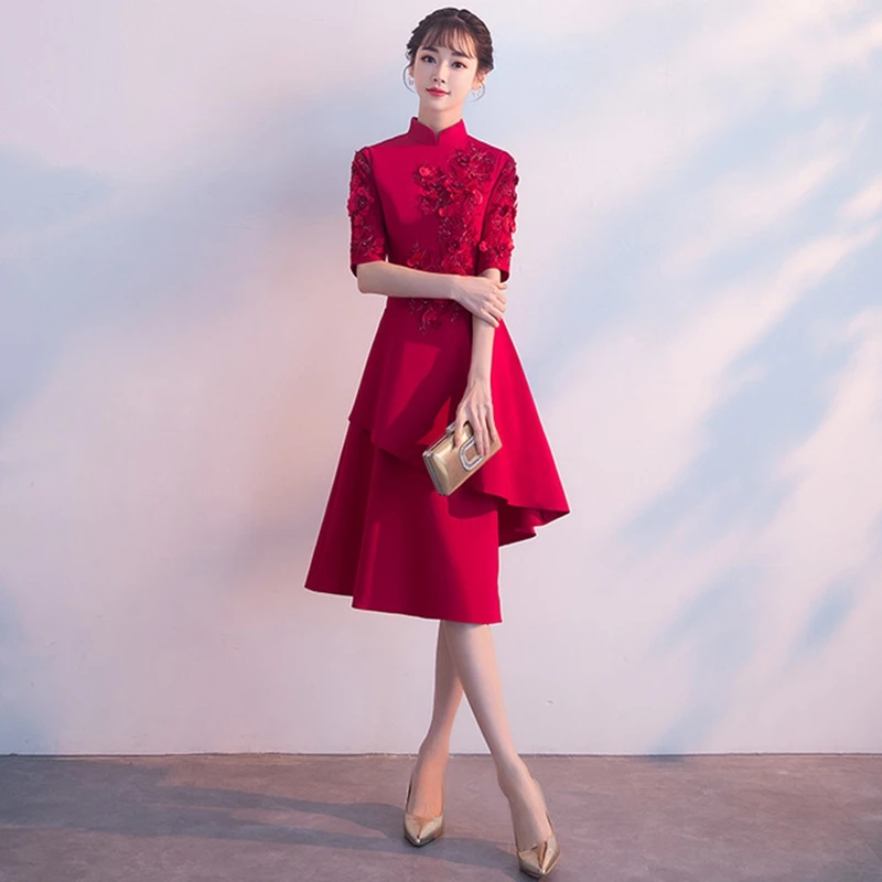 Новая одежда для невесты, китайское традиционное свадебное платье cheongsam на весну и лето, красное платье средней длины, китайское платье с открытой спиной, Женская юбка