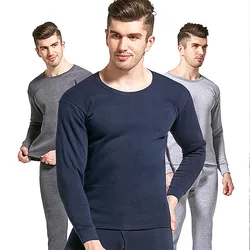 FAKUNTN  Winter Thermal Underwear Plush Thickened Pants Set Men's Round Neck Slim Fit Solid Color Autumn Clothes and Autumn