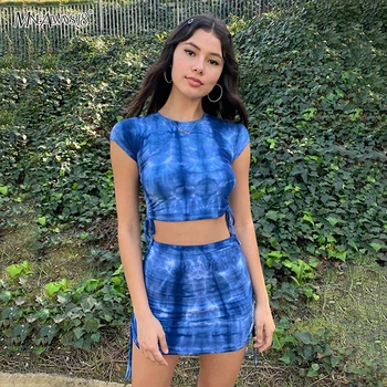

Mnealways18 Fashion Tie Dye Women Set Summer Casual Two Piece Skirt Set Drawstring Short Sleeve Crop Tops Bodycon Matching Sets