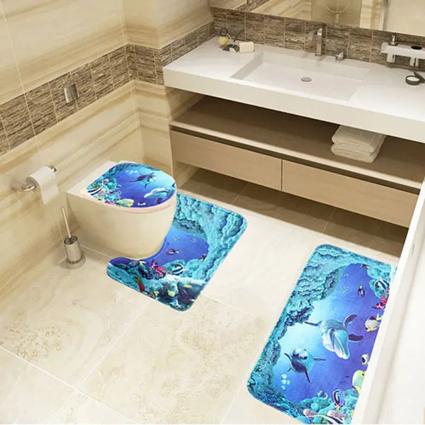 Sea World Designed Bathroom Livingroom Carpet Pedestal Lid Toilet Mat Set