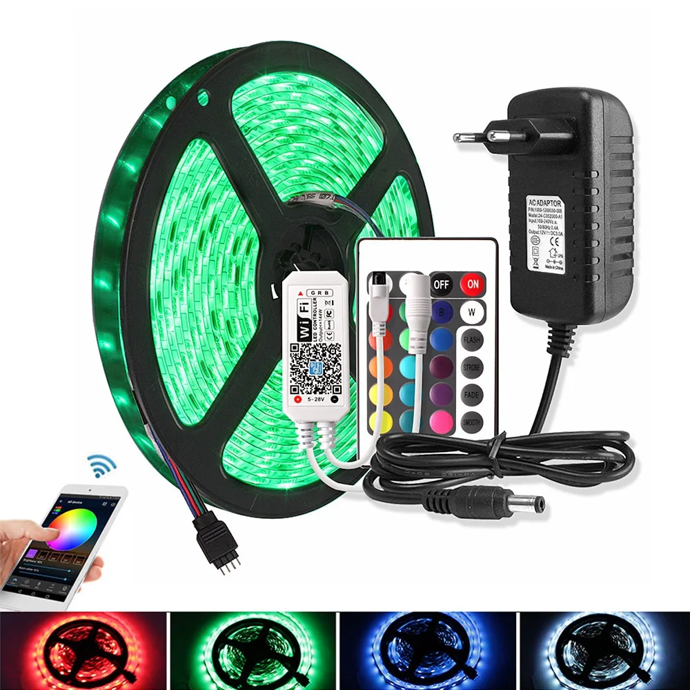 

Bluetooth RGB LED Light Strip 5050 WiFi DC 12V Waterproof Flexible Ribbon Led Diode Tape 5M 60 LEDs/m + Controller Power Adapter