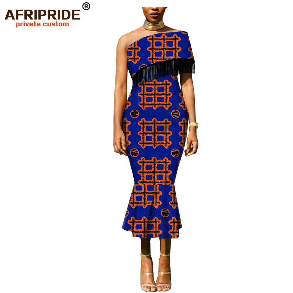 Африканский Дашики восковое платье для женщин AFRIPRIDE Базен Ричи одно плечо длиной до середины икры женское платье труба хлопок A1825107 - Цвет: 496