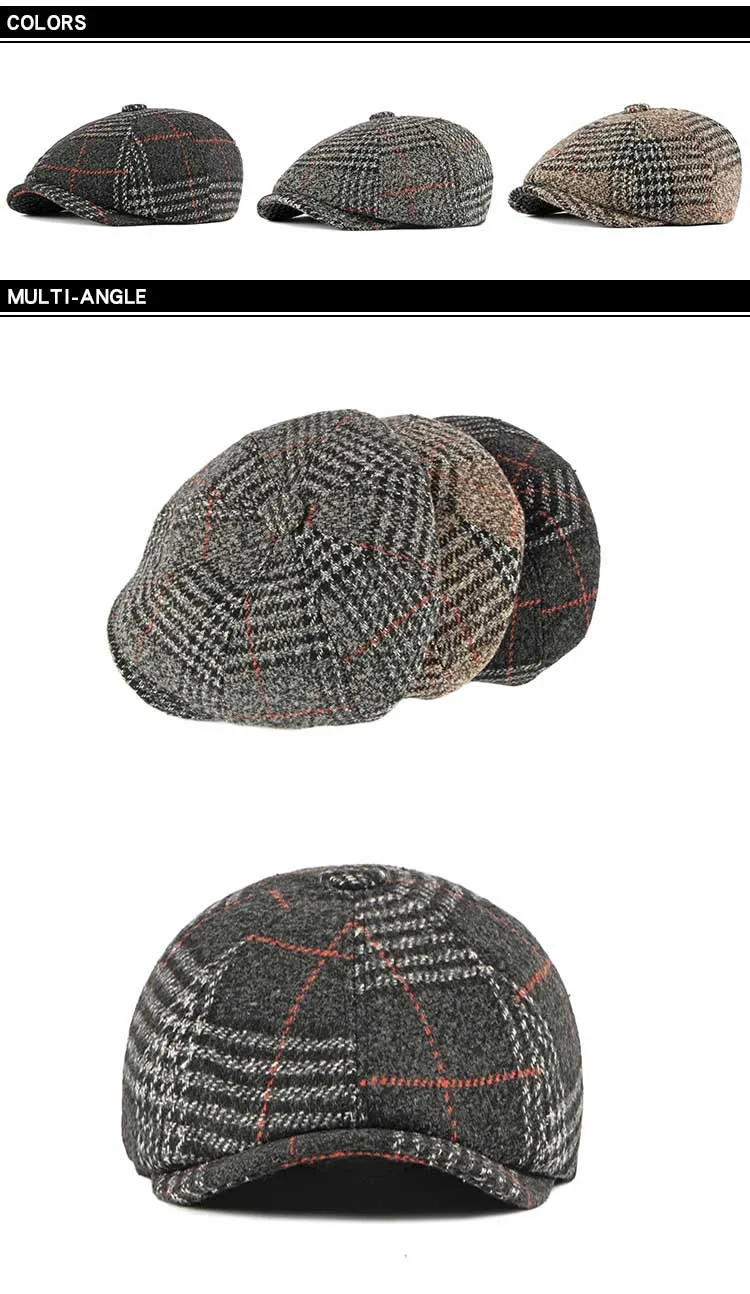 Fibonacci Autumn Winter Wool Beret Men Dad Hat Brand Quality Plaid flatcap vintage newsboy cap