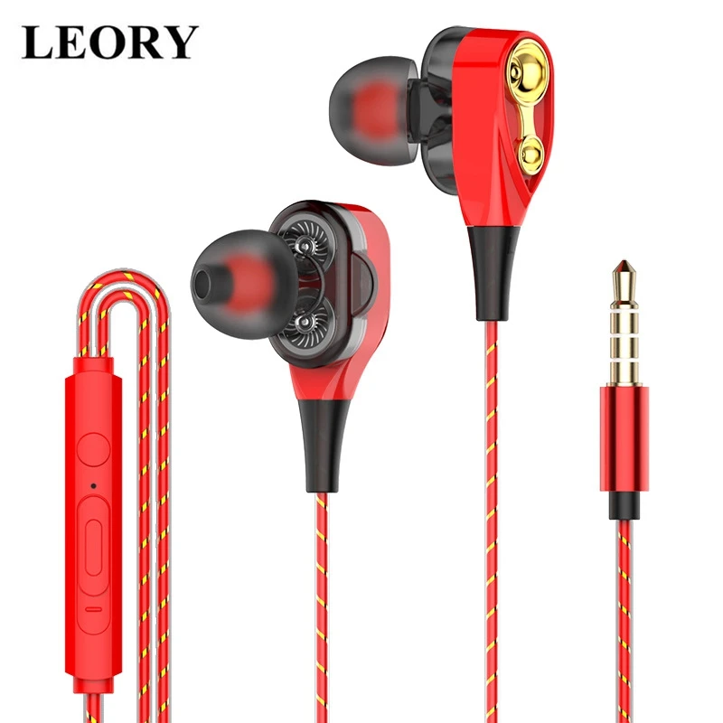 LEORY Dual Dynamic Driver 3.5mm Gaming Earphone Quad-Core Stereo Strong Bass Music Wired Headset Line Control Earbuds with Mic |