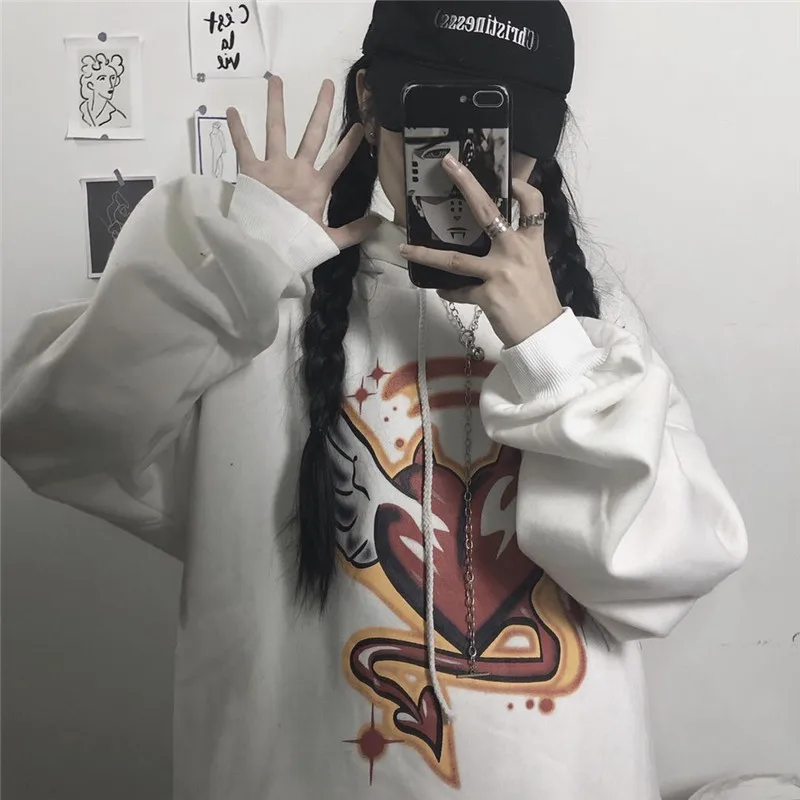 Lychee Harajuku, Женские флисовые толстовки с капюшоном и принтом «Темное сердце», повседневные свободные женские толстовки, весенние, осенние, зимние женские топы