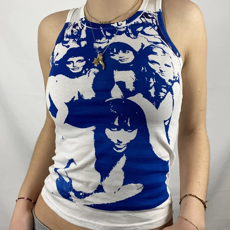 Green Y2K People Print 2021 Summer Casual Crop Top Women Sleeveless T-shirt Fashion Off Shoulder Sexy Tank Tops Female T-shirts | Женская