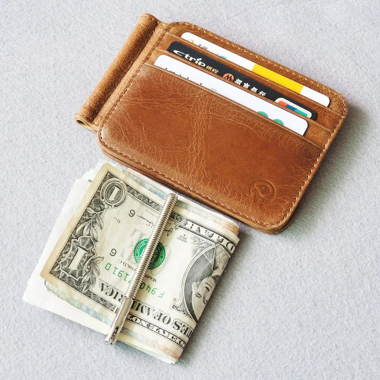 Trend Brand Unisex Leather Design Fashion Gift Slim Wallet travel front pocket money clip mini clamp purse synthetic leather wallet metal money clip