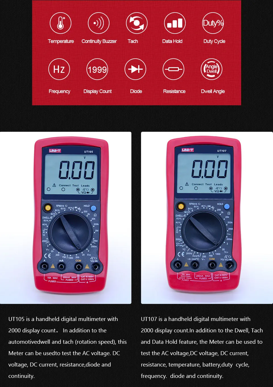 UNI-T UT105 UT107 Автомобильный цифровой мультиметр; AC DC напряжение постоянного тока; Ом диодный тестер; скорость двигателя измерения Dwell/Tach