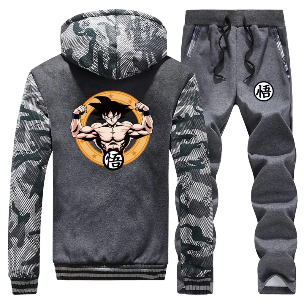 Fashion Japane Anime Dragon Ball Saiyan Men Camo Sweatshirt Hoodies Men's Hoodies+Pants Sets Winter Fleece Sportswear Sweatpants