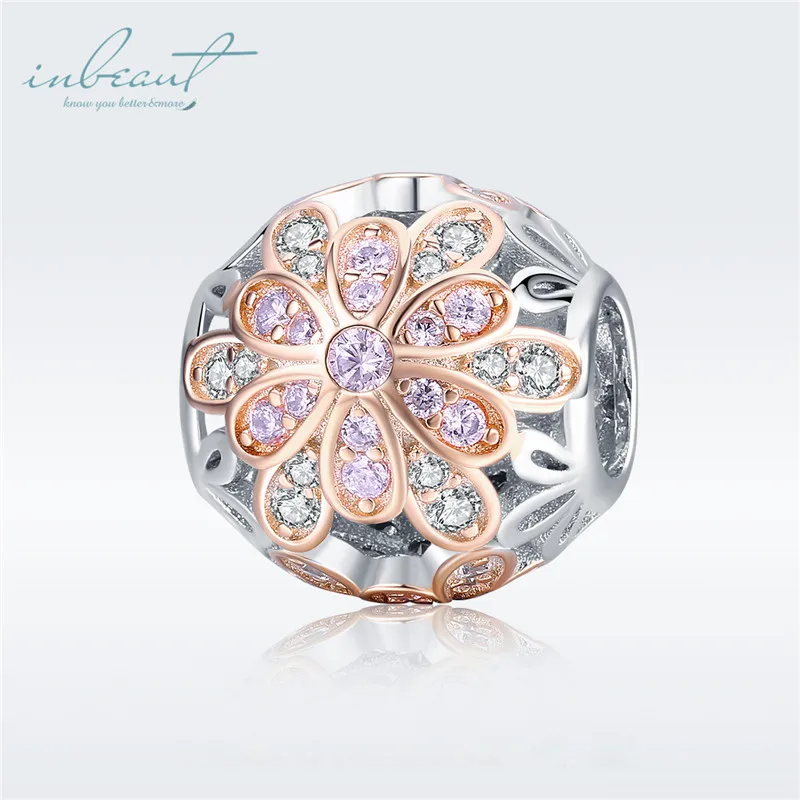 

S925 Sterling Silver fit Pandora Bracelet Orange Petals Beads Rose Gold Purple Zircon Daisy Charms for DIY Jewelry Chains Gift