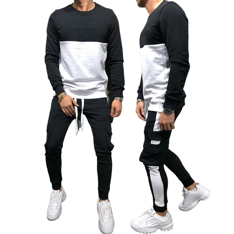 

Men Clothing Moletom Tracksuit 2 Pieces Sets O-Neck Sweatshirt & Multiple Pockets Jogger Sweatpants Cotton Mens Track Suit