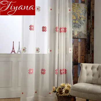 

Pink Flowers Sheer Window Screen Panel for Living Room Embroidery Voile Bedroom Tulle Curtain Drape Fabric X630#30