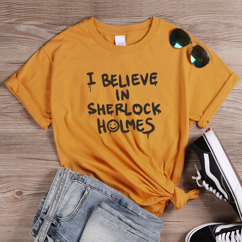 Футболки в стиле панк с буквенным принтом, футболка с надписью «I Believe In Sherlock Holmes», женские футболки в стиле Харадзюку, топы на Хэллоуин