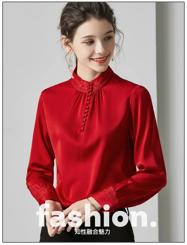 Красная шелковая блузка qipao для женщин высокого качества с длинным рукавом 4XL размера плюс повседневная сексуальная офисная одежда модные рубашки дропшиппинг