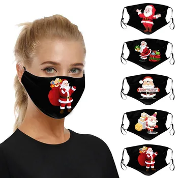 

5pcs Adult's Reusable Cotton Face Mask Christmas Santa Claus Prints Protection Mask Washable Earloop Dust-proof Black Mouth Mask
