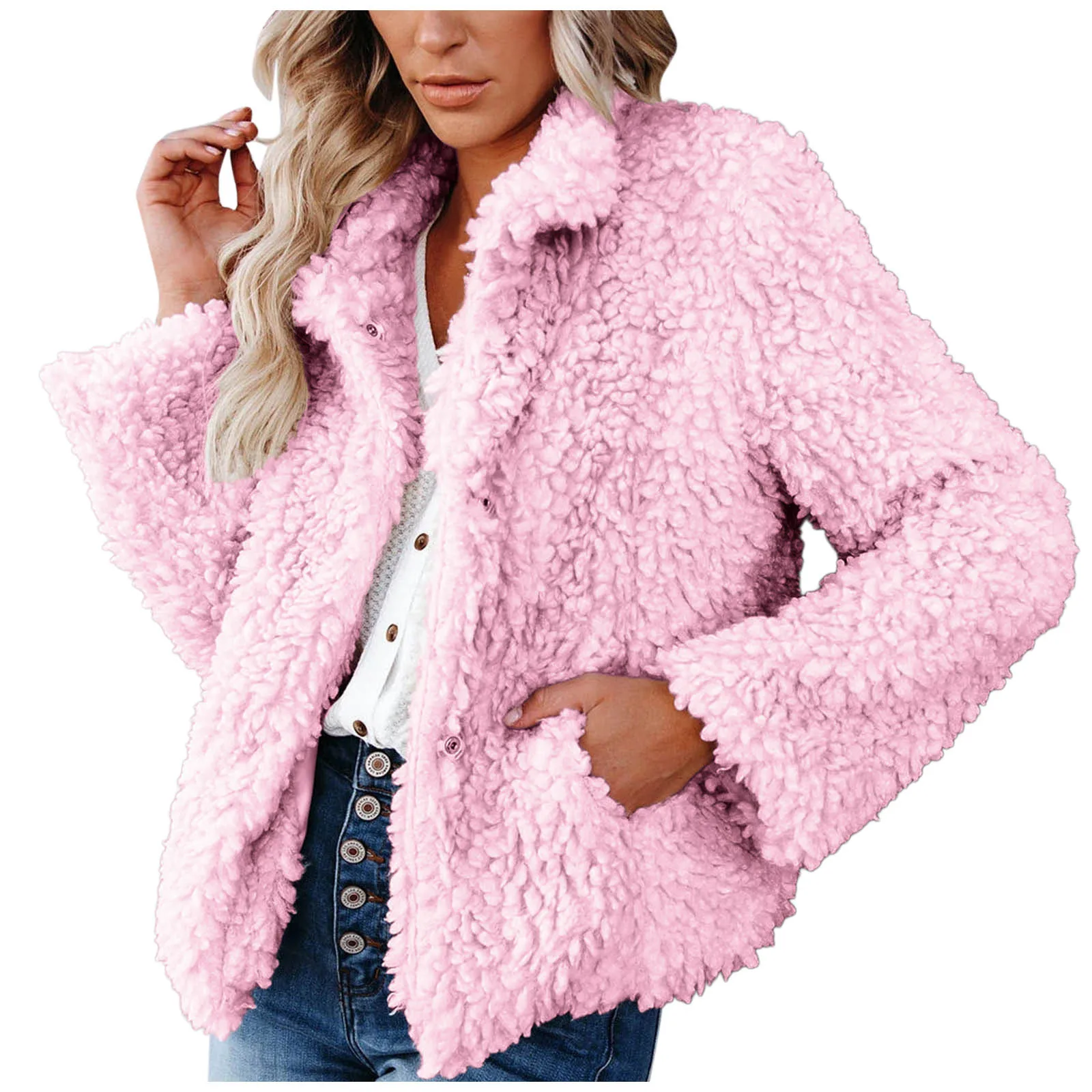 Winter Women's Coat Plus Size Plush Lapel Soft Short Women Warm Sweatshirt Button Pockets Outwear Jacket T6 | Женская одежда