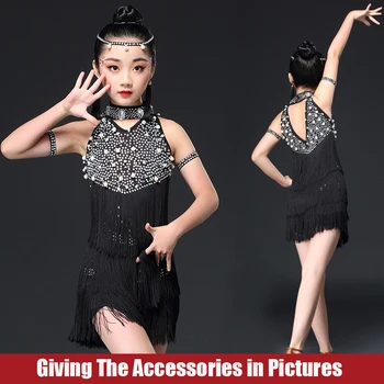 

Kids Latin Dress Competition Costume Rhinestone&Pearl&Fringe Dress Dancing Performance Wear Dance Dress Girl Salsa Dress BL2770