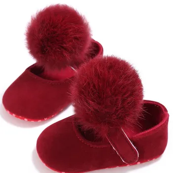 

Winter Baby Girl Warm Soft Crib Shoes First Walkers Infant Girls Single Hairball Princess Shoes 0-18M Red Pink Black