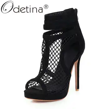

Odetina Women Fashion Air Mesh Stiletto Extreme High Heel Ankle Boots Ladies Retro Platform Peep Toe Back Zipper Summer Boots