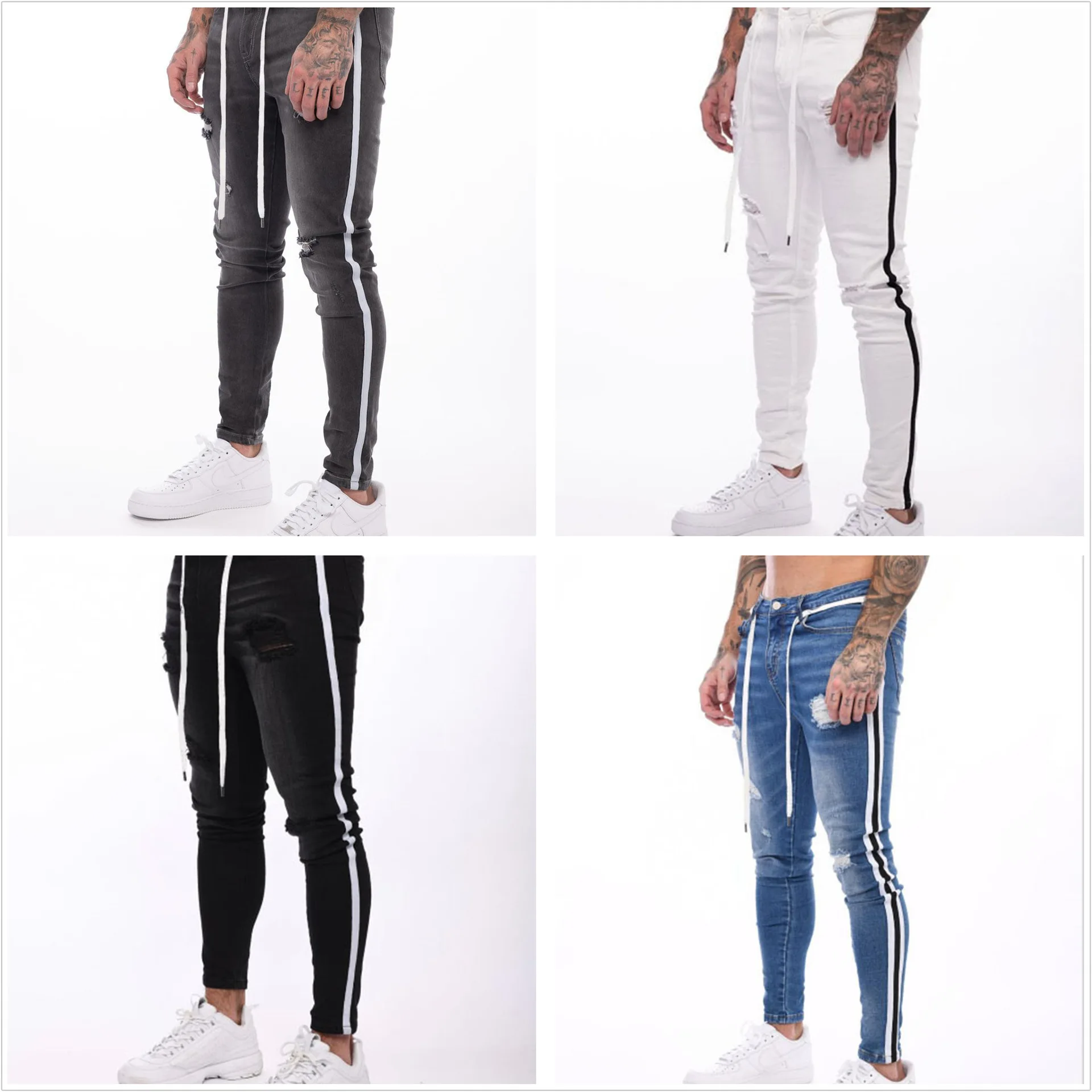 Fashion Men Skinny Jeans Biker Destroyed Slim Fit Ripped Holes Denim Trousers Side Striped Pencil Pants Hip Hop Blue White Black