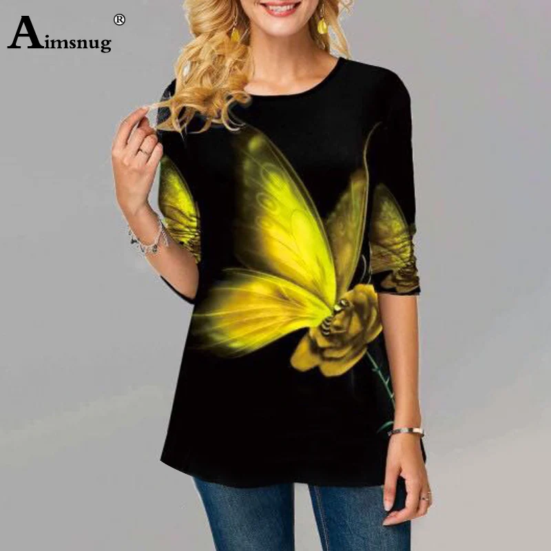 

Women Big Size 5xl New Summer Butterfly Printed T-Shirt 3/4 Sleeve Round Neck Tops Elasticity Female Casual Loose Tees Shirt