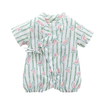 

PatPat Comfy Watermelon Print Stripes Short Sleeves Jumpsuit for Baby Tie Closure Spring Autumn Cotton Young Girl Romper