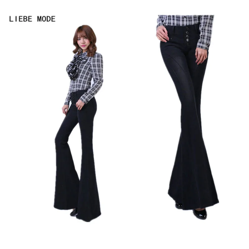

Women's Button Fly Push Up Flared Jean Slim Femme High Waisted Skinny Flared Denim Pants Black Bell Bottom Jeans Women