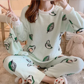 

Long Sleeve Cartoon Sleepwear 2 Pcs/Set Plus Size Pajamas Set Girl Autumn Winter Warm Flannel Pyjamas Women Sets Women Homewear