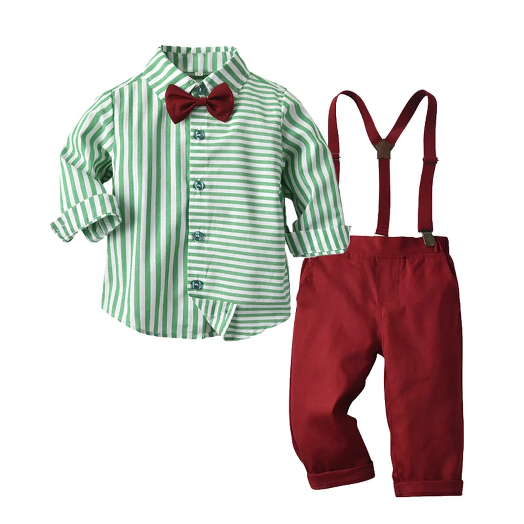 Toddler Kids Baby Boys Outfits Long sleeve Bow Tie stripe Shirt+ Suspender Pants Gentleman Children boy clothes sets
