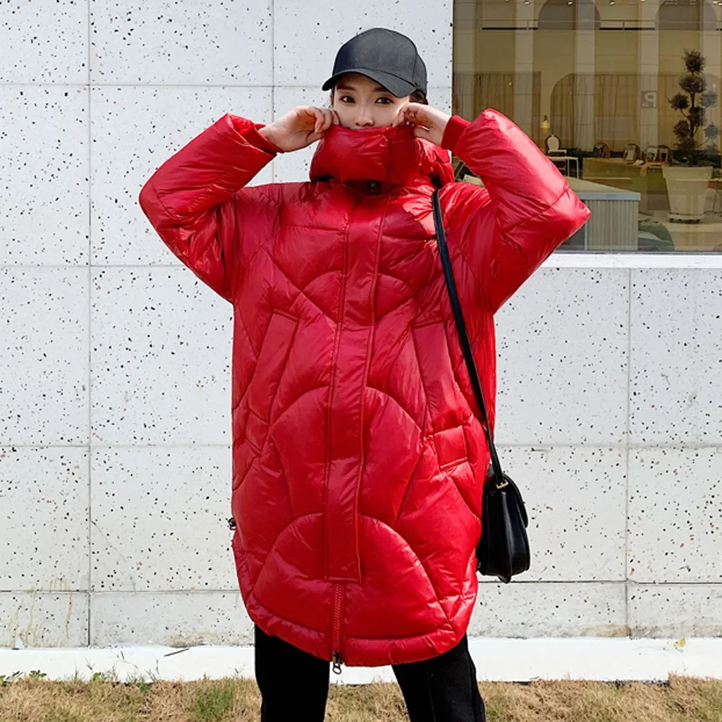 Зимние женские модные пальто куртки верхняя одежда длинные ватные куртки с карманами с капюшоном глянцевые тонкие элегантные пальто#925 - Цвет: RD