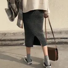 Распродажа стиль преппи, Одноцветный прямой акриловый имперский высокая талия юбки женские новые осенние зимние разрезные юбки женские теплые миди