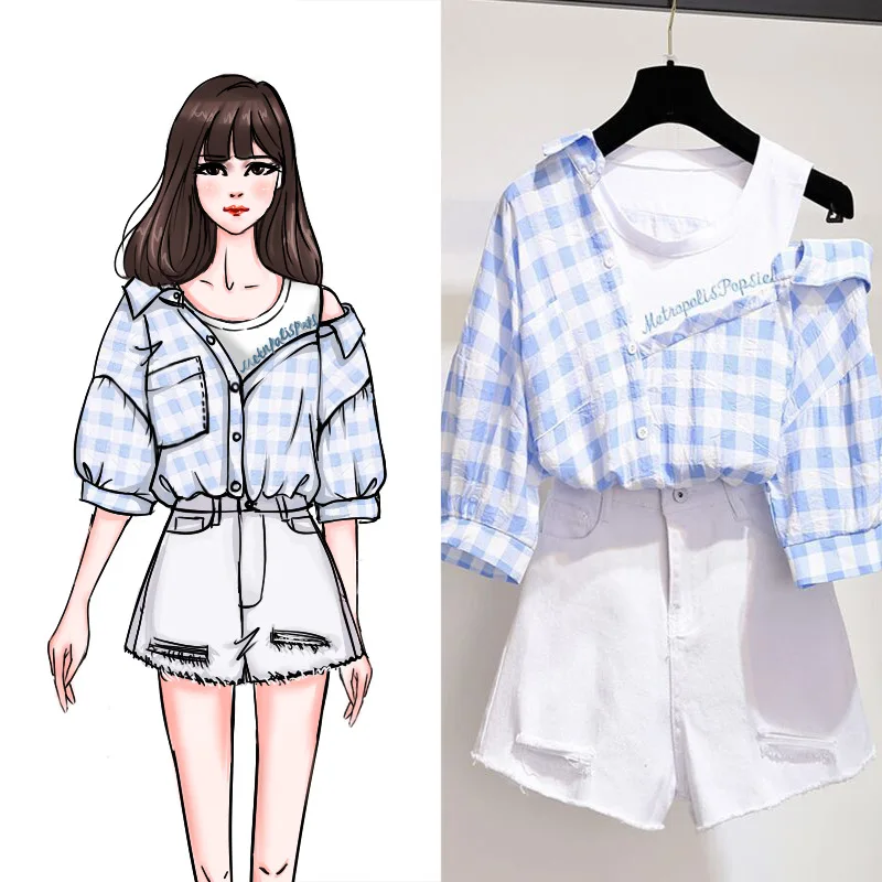 

Photo Shoot 2019 Spring And Summer New Style Korean-style Shirt Women's Mock Two-Piece Shirt off-Shoulder