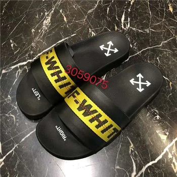 

Luxury Off men and women slippers yellow ribbon trend white slides beach shoes summer home couple slippers White Slides loafers