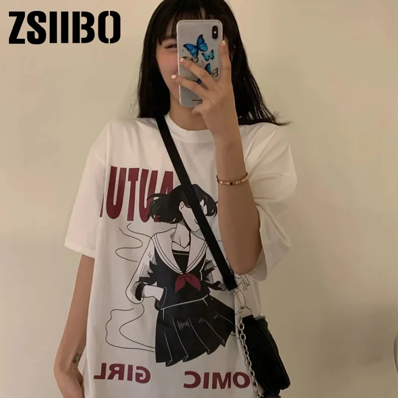 O-neck T-shirt women Harajuku japan style Sweet Girls Tops tee E-girl Y2K clothes goth top Summer street Print Short Sleeve