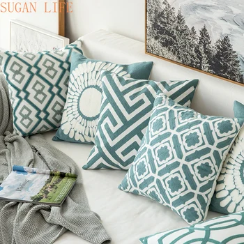 

Home Decor Embroidered Cushion Cover Grey Blue/White Geometric Floral Canvas Cotton Suqare Embroidery Pillow Cover 45x45cm