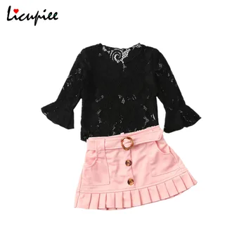 

Fashion Toddler Baby Girls Clothes Sets Black Lace Ruffles Sleeve t Shirts Tops+pink A-line Skirts 2-7 Years