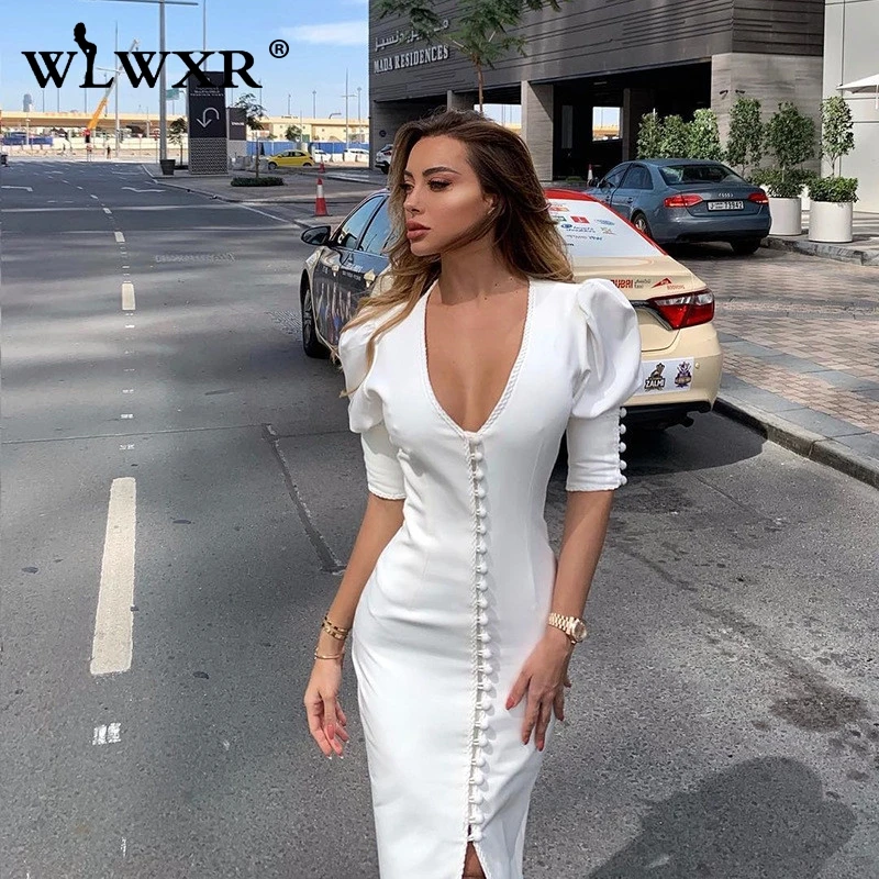 

WLWXR Casual White Sexy Bodycon Dress Women 2019 Puff Sleeve Elegant Summer Maxi Dress Ladies Wrap Club Long Party Dress Vestido