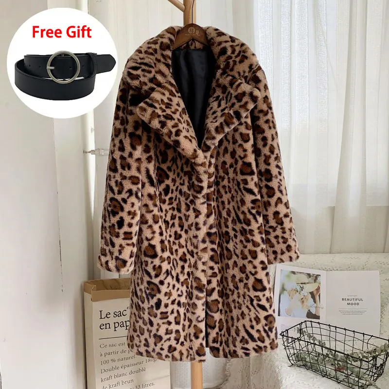 leopard fur coat Куртка из искусственного кроличьего меха с высокой талией и поясом; пальто; сезон осень-зима; теплое длинное пальто; Верхняя одежда; модные пушистые куртки; пальто - Цвет: leopard fur coat