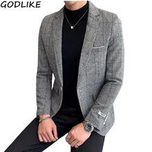 Мужской Блейзер облегающие пальто дизайнерские корейские элегантные мужские клетчатые блейзеры Masculino твидовые Пуговицы Свадебные повседневные мужские блейзеры куртки