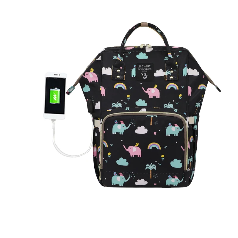 black elephant Обновленная USB сумка для подгузников, большая емкость, детские сумки для подгузников, брендовая качественная сумка для кормления, модный дорожный рюкзак для ухода за ребенком, сумочка для мамы - Цвет: black elephant
