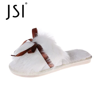 

JSI Sweet Women Fur Slippers Winter Plush Warm Flat Indoor Shoes Female Slip-on Butterfly Pink Women Fluffy Slippers Slides T54