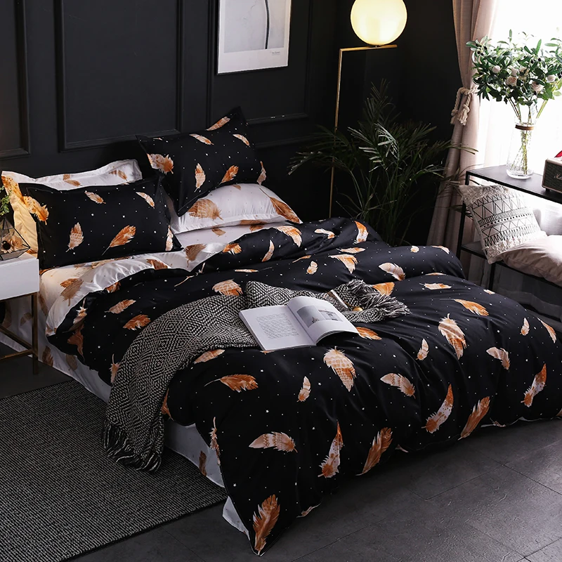 

Black covered with golden feathers bedding set soft duvet cover set 4pcs/set home bed linen set bedclothes Adult flat sheet