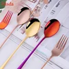 2 Pcs/set Dinner Fork Stainless Steel Fork And Spoon Set Gold Dinnerware Kitchen Utensil Colorful Spoon Safety Adult Flatware ► Photo 3/6
