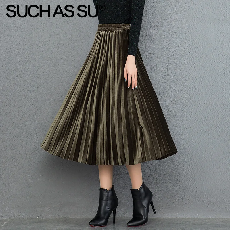 Green Skirt Новые корейские Бархатные юбки 6 цветов для женщин осень зима эластичная высокая талия плиссированная повседневная юбка средней длины Женская юбка - Цвет: Green Skirt